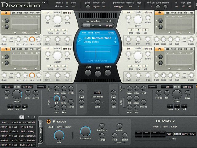 Dmitry Sches Diversion The flexible arpeggiator and trance gate can be called up for editing in the lower panel.