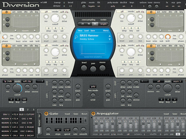 Dmitry Sches Diversion Diversion's Oscillator Effects section enables you to tweak a waveform's shape and hone its sound.