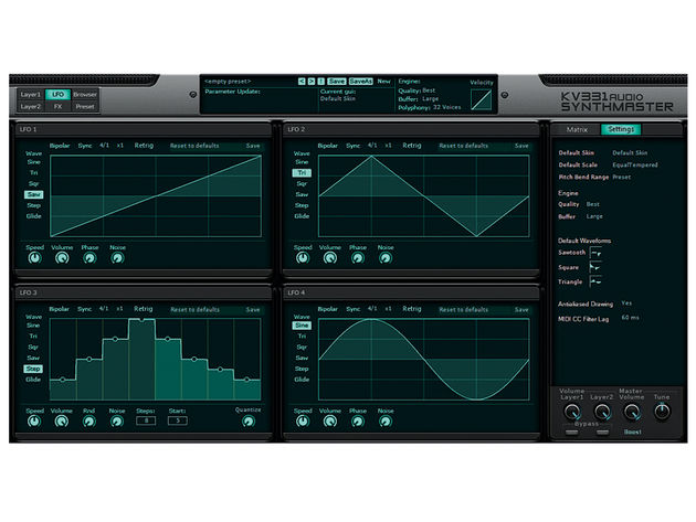 KV331 Audio SynthMaster 2.5 LFO shapes ahoy! Note the step LFO editor in the bottom left panel.