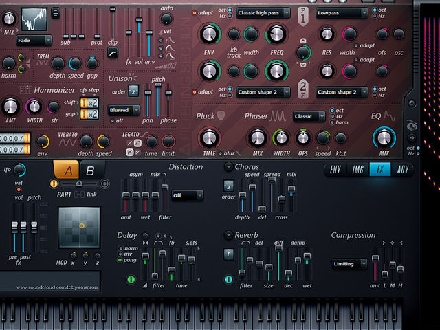 Image-Line Harmor The FX tab is active here, with distortion, chorus, reverb, delay and compression all on tap.