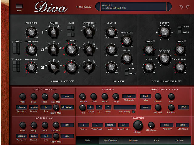 The tabs at the bottom of Diva's interface access the patch browser, built-in 'scope, modulation and more.