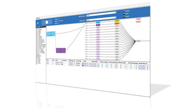 A modular-style graphical interface fills most of the main view. This is where the various 'Voices' of the project are shown and routed to 16 MIDI channels via virtual cables