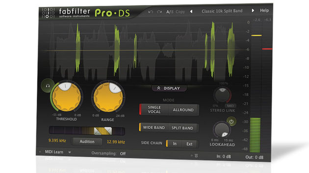The main Threshold dial has a collar meter that shows the signal reduction level, while the sidechain Range also has its own meter, helping you zone in on the sibilance