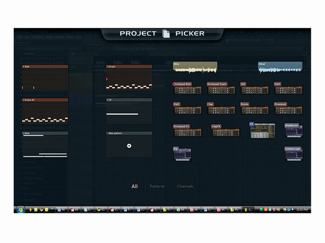 Image-Line FL Studio 10 In the playlist, right-click the pattern selector and the Project Picker appears. Mouse over the clips to hear your patterns, then drag and drop onto the playlist.