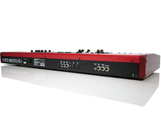 Nord Electro 4D (back) Connections include MIDI in/out, stereo audio outs and control pedal inputs for sustain, rotor and general control
