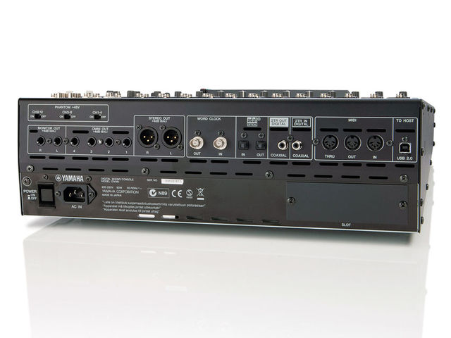 Yamaha 01V96i Digital Mixer (back) Round the back there are monitor left/right outputs, Omni outs (1-4), main XLR stereo outputs, word clock in/out ports, Coaxial I/O, MIDI In, Out and Thru ports and a USB 2.0 connector