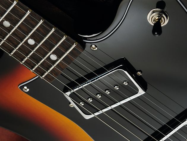 Aria Retro-1532 The neck pickup is positioned at an angle.