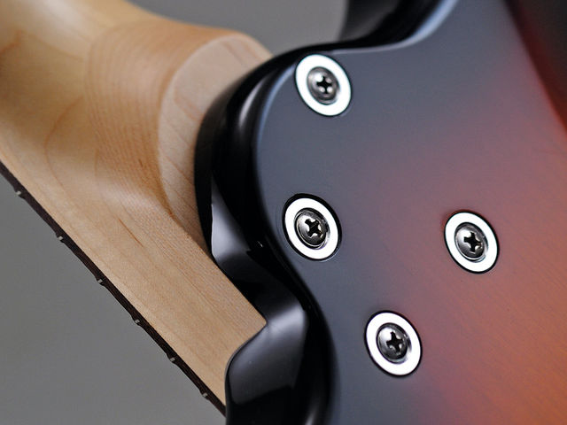 Fret-King Black Label Corona SP The Corona's offset-bolt join aids upper-fret access.