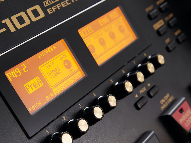 Boss GT-100 A redesigned UI features two displays with associated knobs for the first time.