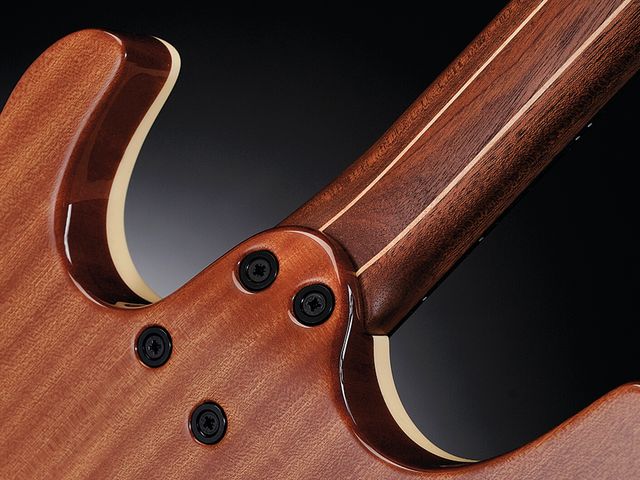 Mayones Setius GTM6 The GTM6's maple-mahogany neck bolts to a tapered heel for easy access.
