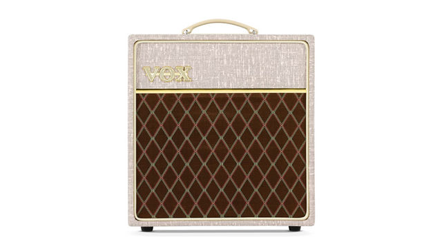 The cabinet is birch ply, and with gold trim and cream AC30-style top handle, it's a pretty picture