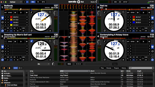 Serato DJ: four deck view with record