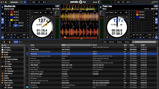 Serato DJ: two decks with horizontal waveforms