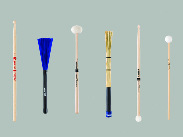 (L-R) Joey Jordison signature drumstick; B400 brush; Performer Series timpani mallet; Small Broomstick; Multi-Purpose stick; Performer Series mallet