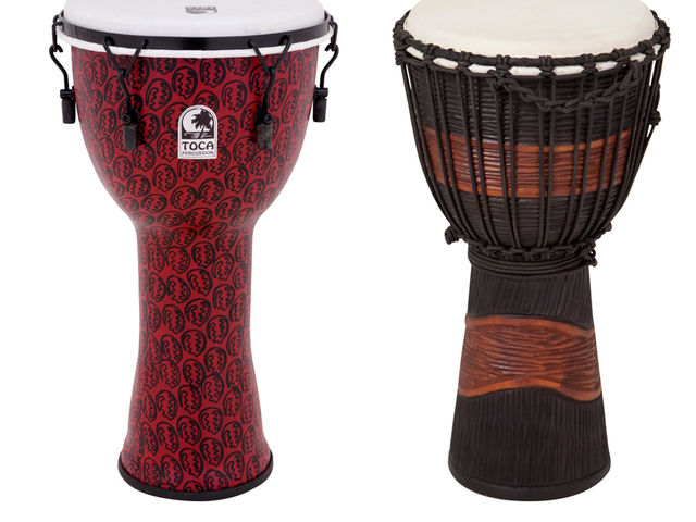 Freestyle II Mechanical Tuned Djembe (left); Street Series Djembe (right)