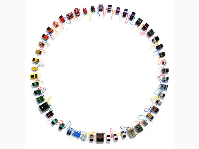 A circle of 50 guitar FX pedals as art