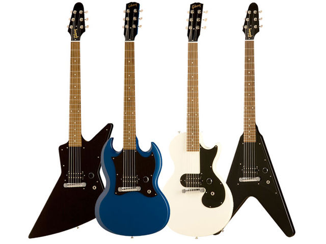 The new range comprises four models utilising the iconic Les Paul, SG, Explorer and Flying V outlines. All four shapes are available in satin blue, satin ebony and satin white.