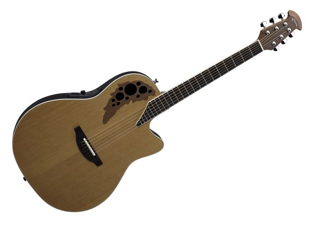 The Ovation 1778TX-4CS Elite TX has a dark walnut soundhole epaulette.