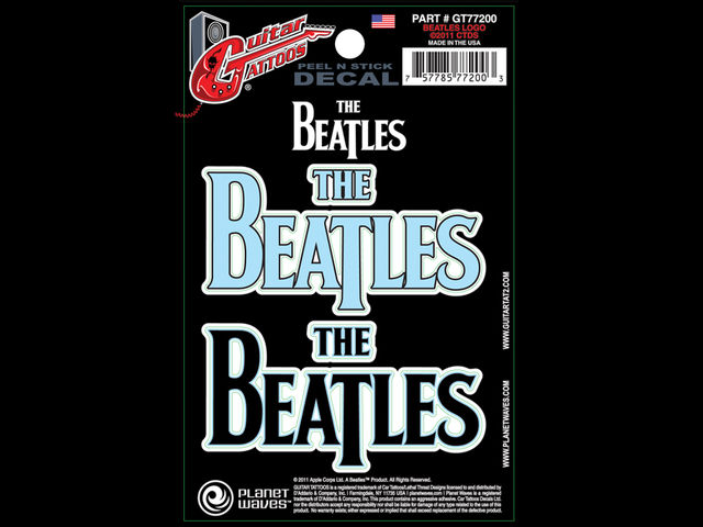 The Beatles logo "Offering two tattoos in one, The Beatles Logo comes in light blue or black to complement any guitar."