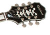 Epiphone Black Royale Emperor Swingster (headstock) Large clipped ear three-on-a-side with vintage "Epiphone" logo and vine in pearloid and abalone