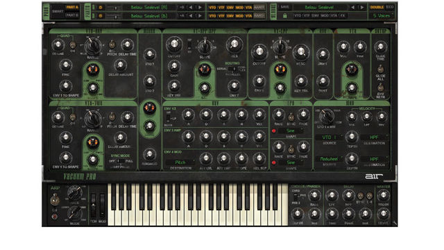 AIR Vacuum Pro synth The Vacuum Pro interface is populated by single-function knobs, delivering a vintage feel that reflects analog flavor of the instrument