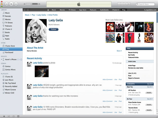Lady GaGa's Ping profile on iTunes 10