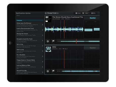 Traktor's notification window (left) guides new users through the app's features at their own pace.