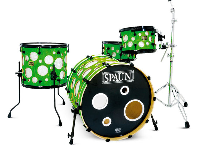 Spaun Edgevent Kit The multi-ports on the front bass drum head echo the holes in the drilled outer shells of the kit