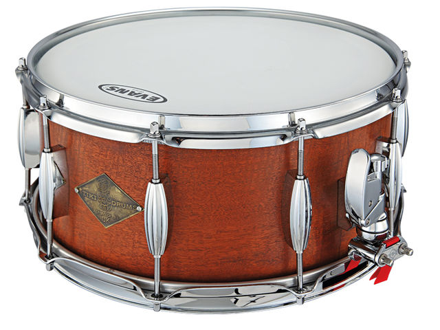Tiki Snare Drums The Beeswing mahogany snare has 10 retro-stylish, double-ended lugs.
