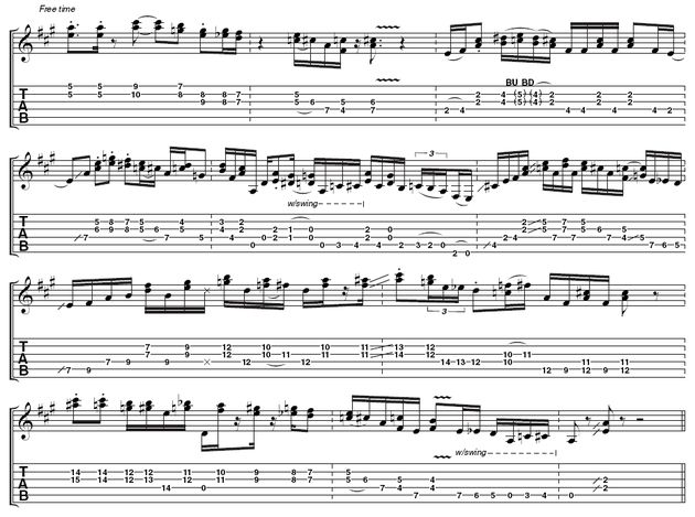 You’ll notice that Albert doesn’t move his fret hand around a lot. This is because he has very efficient finger movement, and simply moves some of the same concepts around the neck when he is presented with a new chord. Notice how in bar 4 all of the chord shapes are similar - this helps keep movement to a minimum.