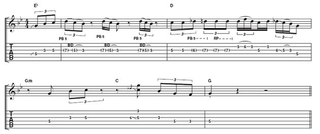 Example 5: Combining repetitive phrasing with staccato bursts, this phrase is designed to wind up a solo or set up for another 12 bars.