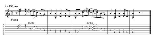 Intro 18: Advanced in a (Version 2) Slightly more gain for some edge and some bent double-stop licks give this intro a little more attitude. Bars 2 and 4 also double up on the fourth and fifth strings. Not too much harder than the easy version, but to make it sound 'right' takes a little work.