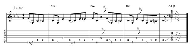 Intro 15: Easy in Cm A straight four to the bar instead of a swung or 12/8 feel will give a more 'in your face' result - especially if you play it aggressively with lots of gain! This Jimmy Page style intro doubles the bass and is a good example of the symmetry often present in intros and outros.