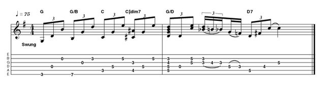 Intro 4: Advanced acoustic in G Using the same basic idea but adding a few embellishments gives an interesting and harmonically 'complete' sounding intro. Note that the ascending bassline is still very apparent, until we break away for the licks in bar 2.