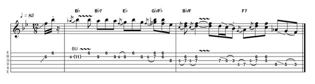 Intro 14: Advanced in Bb Taking a more solo-based approach, this intro employs fragments of the original descending line, building into some Hendrix style double-stops. A little wobble with the vibrato bar (if you have one) can add some nice extra expressiveness.