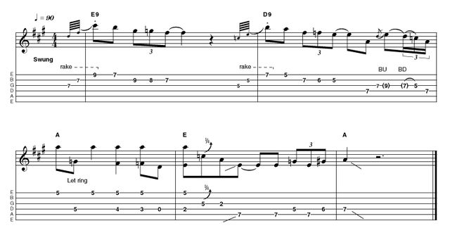 Intro 6: Advanced in A Letting a little rock 'n' roll filter in here, these pentatonic based licks lead to another useful chromatic idea, loved by Robben Ford among others. really dig in to the raked chords at the beginning and keep the attitude going from there.