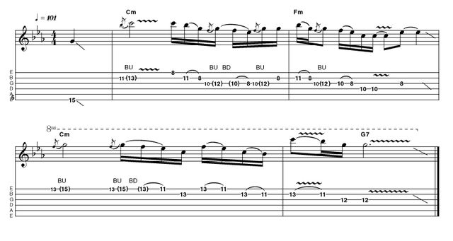 Intro 16: Advanced in Cm This wailing solo-fest is a great way of letting the audience know you mean business before toning it down for the verse. Bends and vibrato are again the key of producing this feel. Take your time to work on both. Touch is all-important in blues.