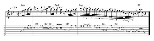 Intro 10: Advanced in Gm Much more fiddly but no less intense, this idea is quite logical to play once you've teased your fingers through it once. From then on, it's simply a matter of running through it to develop your 'muscle memory'.