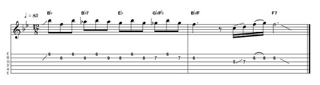 Intro 13: Easy in Bb Using the tried and tested descending line approach that we can see in 100 blues intros, this should example be played delicately but upfront in the mix. Add a little delay to create the right atmosphere.