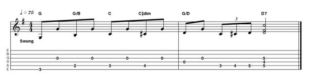 Intro 3: Easy acoustic in G This ascending turnaround leads to the V chord again (D in this case). Keep the feel swinging and bouncy and dig in confidently with thumb and fingers. A pick will give a more modern sound if desired.