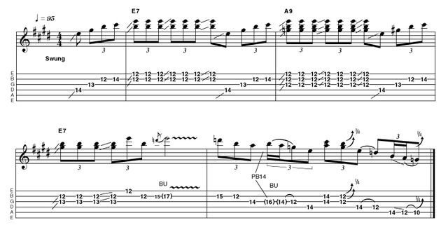 Intro 12: Advanced in E (Version 2) Calling to mind a higher class of Beano reader, the gain is turned up here, though not quite to 'rock' levels. Details like timing and quarter-tone bends are all important to give the right bluesy effect. Take your time developing these skills and you can't lose!