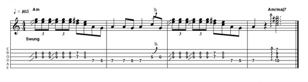 Outro 18: Advanced in A (Version 2) Another spin on a previously used idea using rapid-fire double-stops. As always, watch for the quarter-tone bends that are a classic blues fingerprint - and how about that delightful Am/maj7 chord that creates a very sophisticated finish.