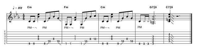 Outro 15: Easy in cm Now we're adding a bit of rock to the blues. This outro plays a slightly more fleshed out version of the bass part, pausing on the V (G7#9, but it could be a regular G chord if you prefer) before a big C finish.