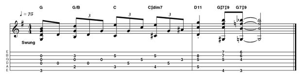 Outro 4: Advanced acoustic in G Taking a more chordal approach, the ascending bass line is preserved, even when we reach the 'surprise' D11 chord. This is a great example of spicing up a classic progression. Use thumb and fingers for simultaneous notes and to avoid the unused strings on those 7#9 chords at the finish.
