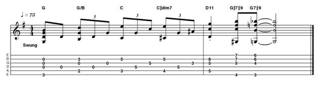 Outro 4: Advanced acoustic in G Taking a more chordal approach, the ascending bass line is preserved, even when we reach the 'surprise' D11 chord. This is a great example of spicing up a classic progression. Use thumb and fingers for simultaneous notes and to avoid the unused strings on those 7#9 chords at the finish.