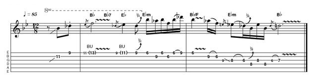 Outro 14: Advanced in Bb Taking a more SRV or BB King approach, this pentatonic phrasing is another example of the importance of string bending in the blues. Even if the phrase is easy for you technically, there are always improvements you can make on these little details...