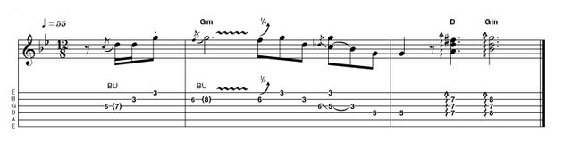 Outro 9: Easy in Gm Using the V chord (D) to set up for the last Gm chord is an alternative to the semitone movement featured here. Watch out for the usual bend/vibrato issues. This is a simple pentatonic phrase that can sound magnificent. Jumping into the chords at the very end gives a nice finish.