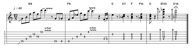 Outro 19: Easy in C It's nice to give these chords a little tremolo shimmer, but spelling them out in bar 3 gives an even nicer spin on the classic descending sequence. The 13th chords add a cool jazzy finishing touch.