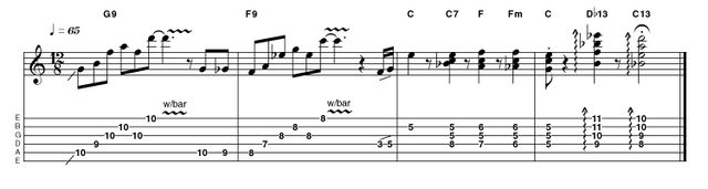 Outro 19: Easy in C It's nice to give these chords a little tremolo shimmer, but spelling them out in bar 3 gives an even nicer spin on the classic descending sequence. The 13th chords add a cool jazzy finishing touch.
