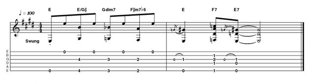 Outro 1: Easy acoustic in E This ascending line leads to the common and efective device of moving up a semitone (F7) to 'resolve' into the home key (E7). Not too technically challenging, but you can never play something too beautifully, can you? So make that the object of this particular exercise...